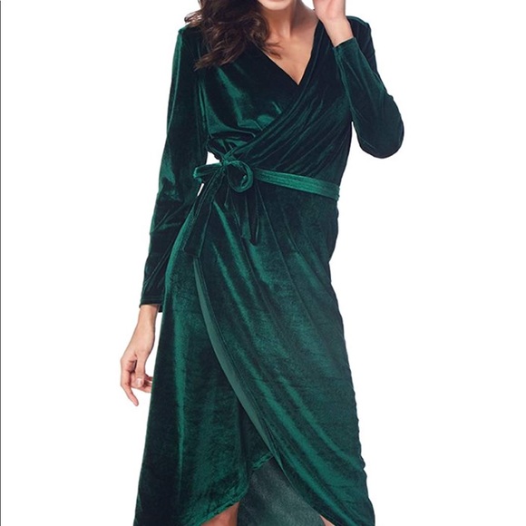 Elegant Velvet Ruffles Faux Wrap V-Neck Dress - Picture 2 of 7